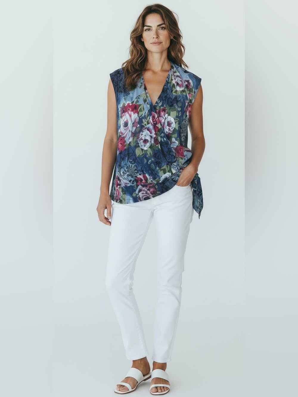 etc. NWT classic cotton floral sleeveless faux wrap pullover top blouse large